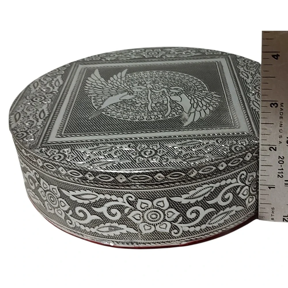 New Handcrafted Jewelry Trinket Box Embossed Birds Aluminum and Red Velvet India